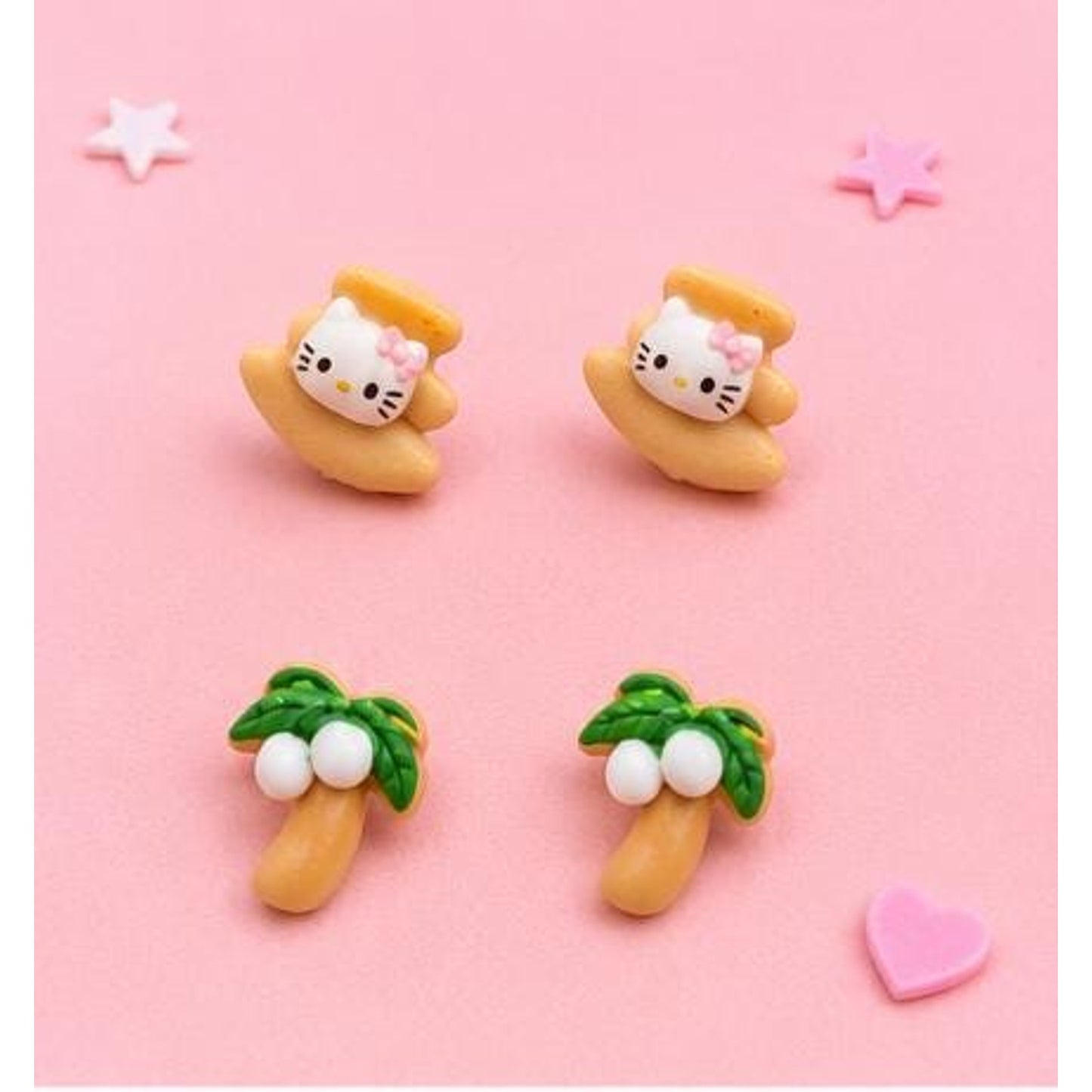 2 Pair Hello Kitty Beach Stud Earrings | Hello Kitty Sandcastle & Palm Tree Earrings | Tropical Summer Resin Stud Set | Kawaii Beach