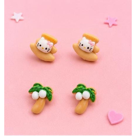 2 Pair Hello Kitty Beach Stud Earrings | Hello Kitty Sandcastle & Palm Tree Earrings | Tropical Summer Resin Stud Set | Kawaii Beach