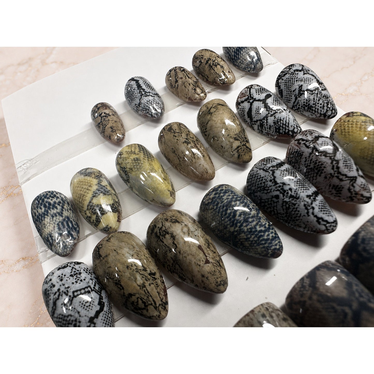 Handmade Snakeskin High Apex Almond Press On Nails 30 Piece Reusable Set