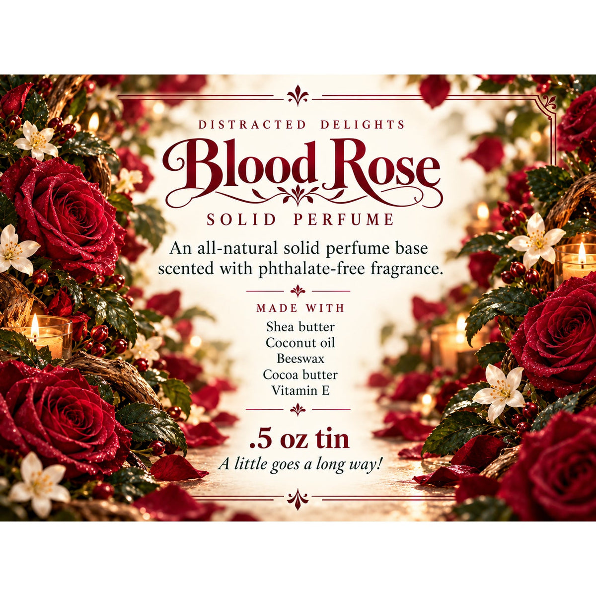Blood Rose Solid Perfume, Burgundy Rose & Wine Fragrance with Musk and Apple Wood, .5 oz Travel Tin, Handmade Perfume Gift