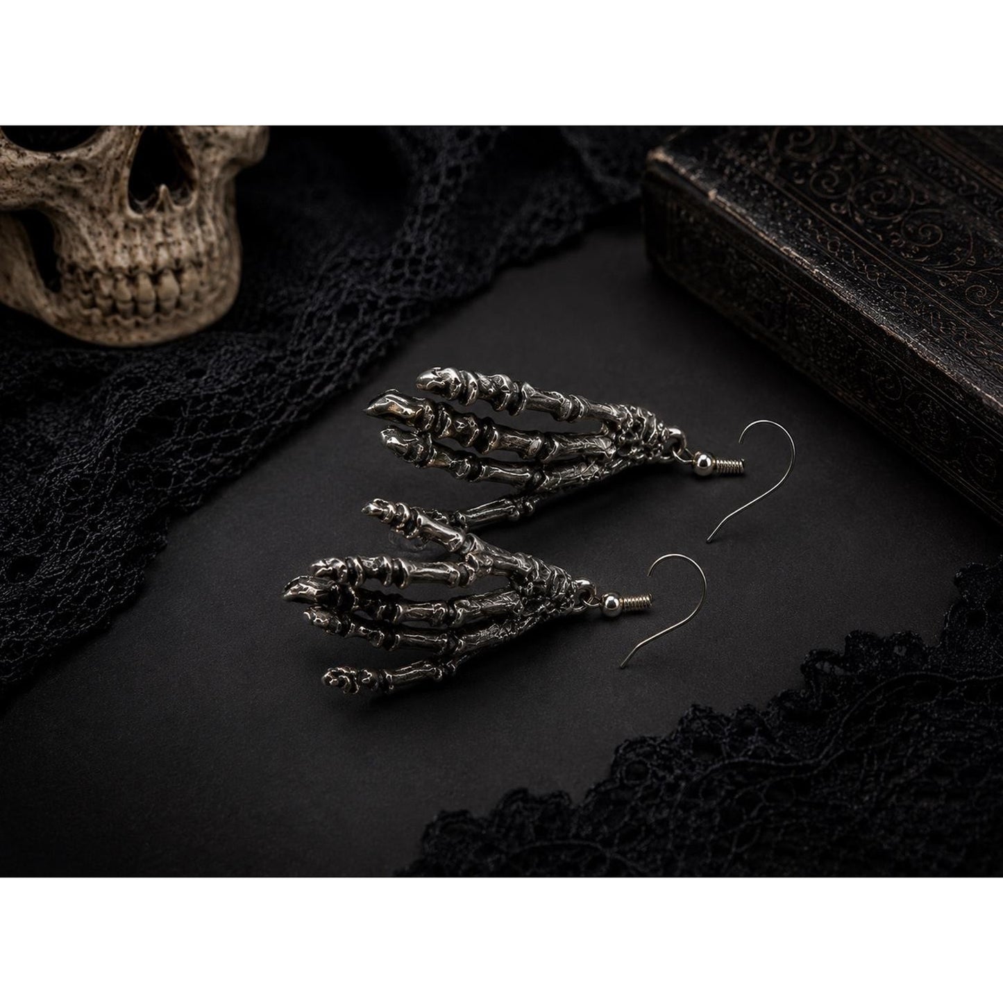Skeleton Hand Dangle Earrings Gothic Halloween Silver Tone Spooky Jewelry