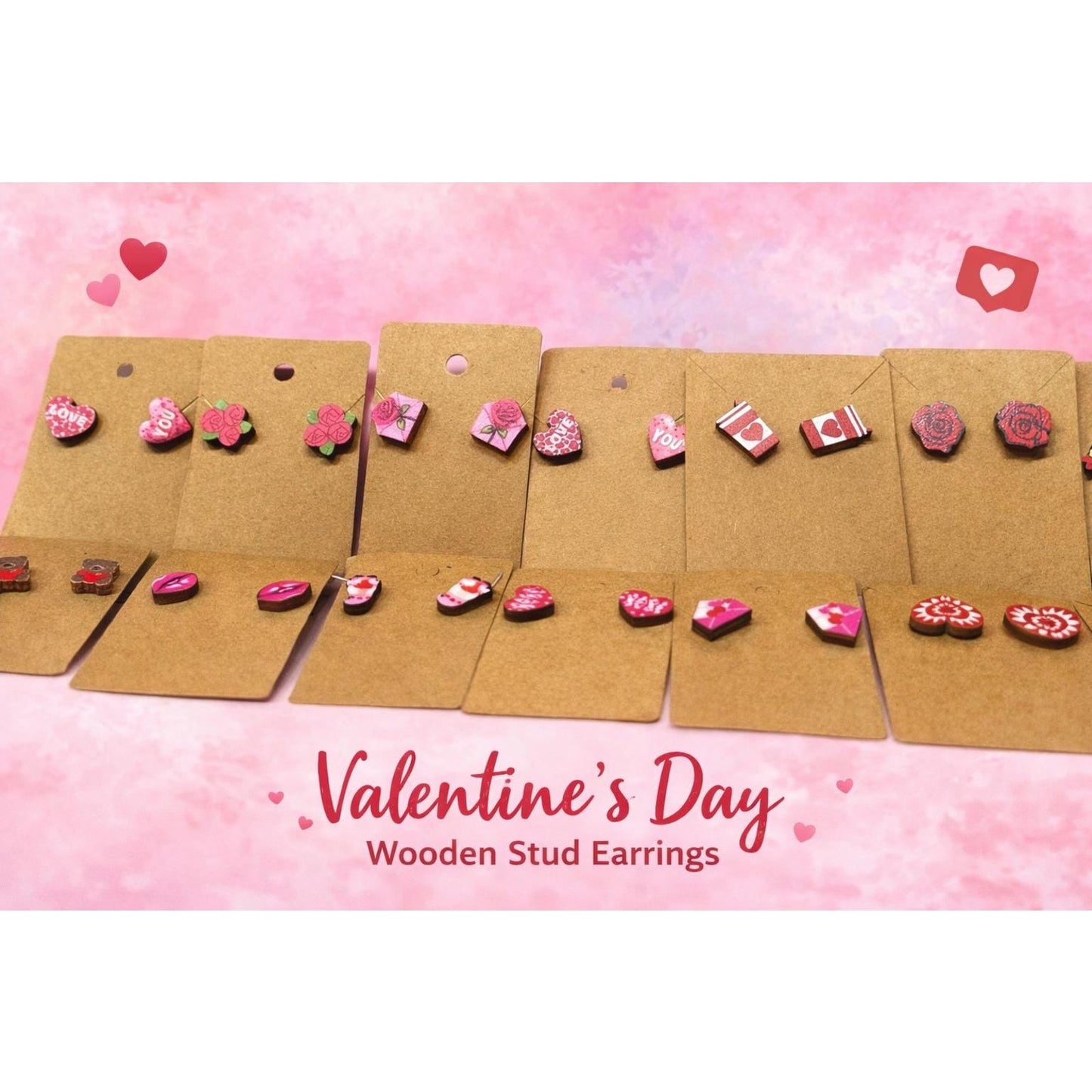 Valentine’s Wooden Stud Earrings Set – 7 Coordinated Pairs of Festive Studs