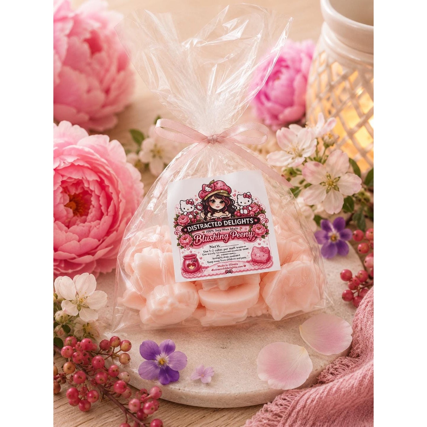 Hello Kitty Inspired Wax Melts | Sanrio Inspired Blushing Peony Wax Tarts | Kawaii Soy Wax Melts | 15 Piece Gift Bag | Cute Home Fragrance