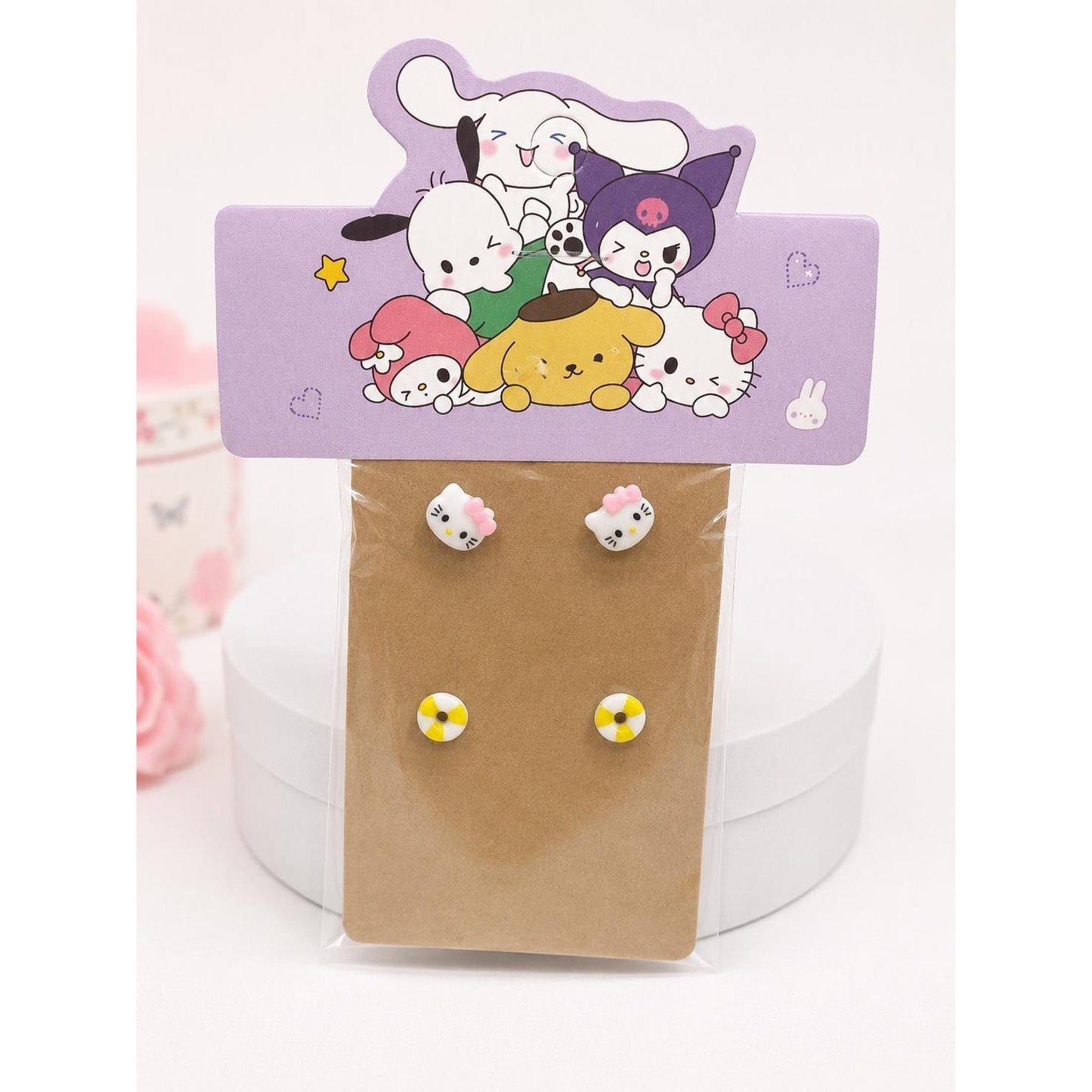Hello Kitty Summer Stud Earrings Set | Hello Kitty Face & Life Preserver Stud Earrings | Cute Kawaii Earrings 2 Pair Set
