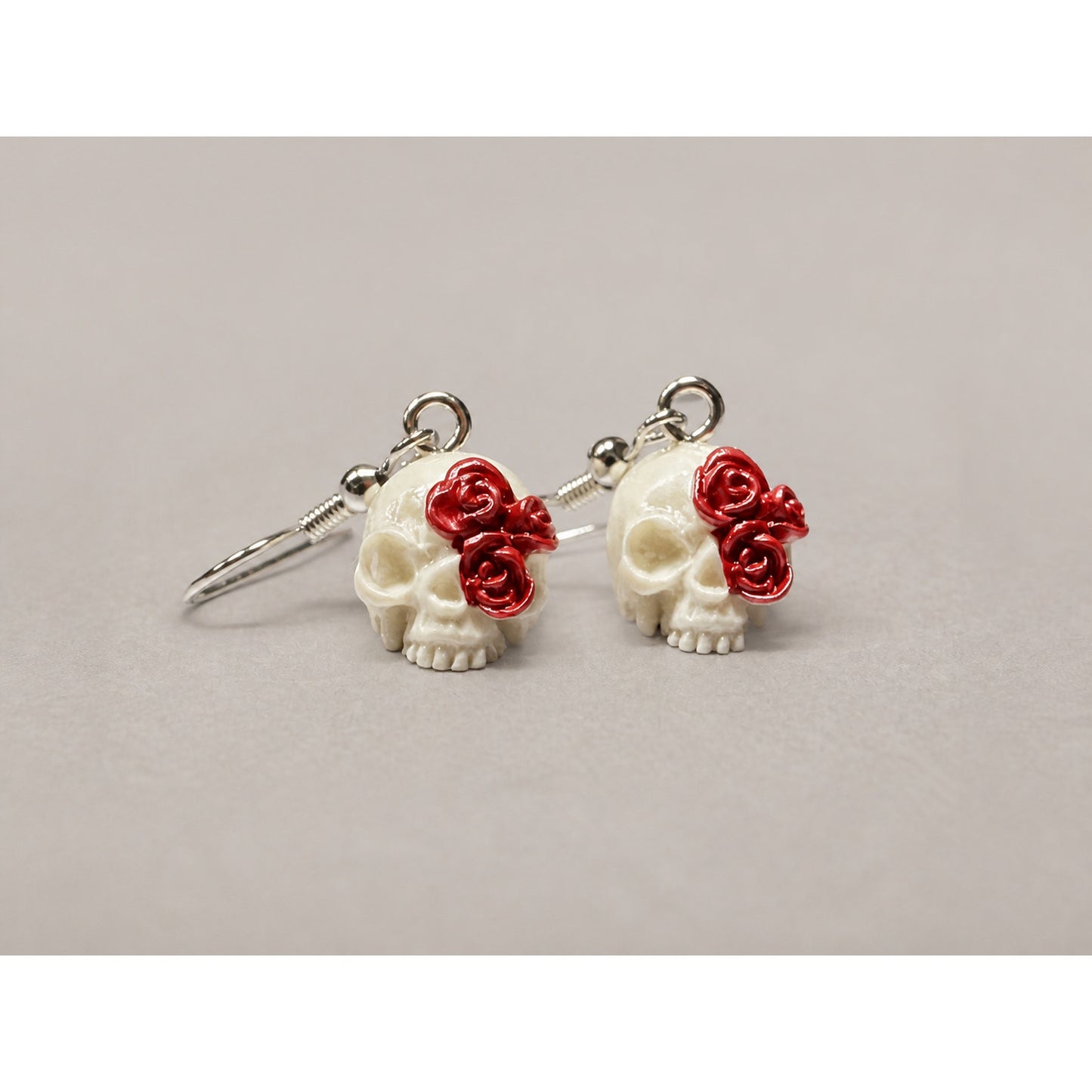 Handmade Skull & Red Rose Dangle Earrings