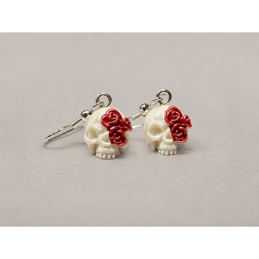 Handmade Skull & Red Rose Dangle Earrings