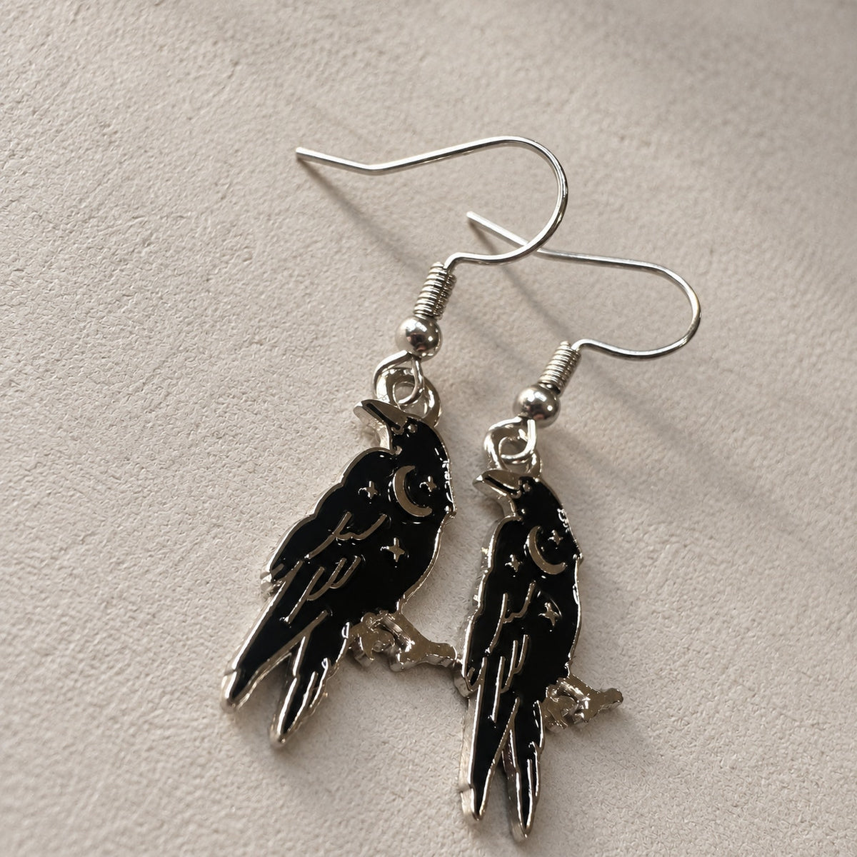 Gothic Witchy Crow Raven Dangle French Wire Earrings