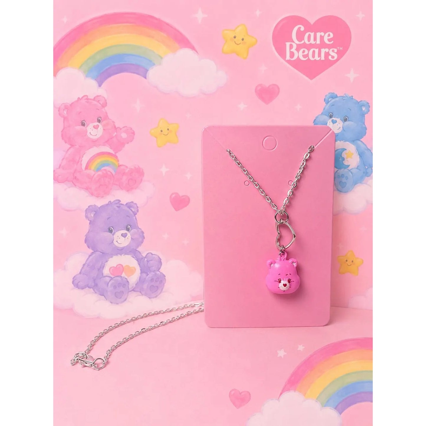 Cheer Bear Care Bear Pink Teddy Bear Necklace With Heart Design