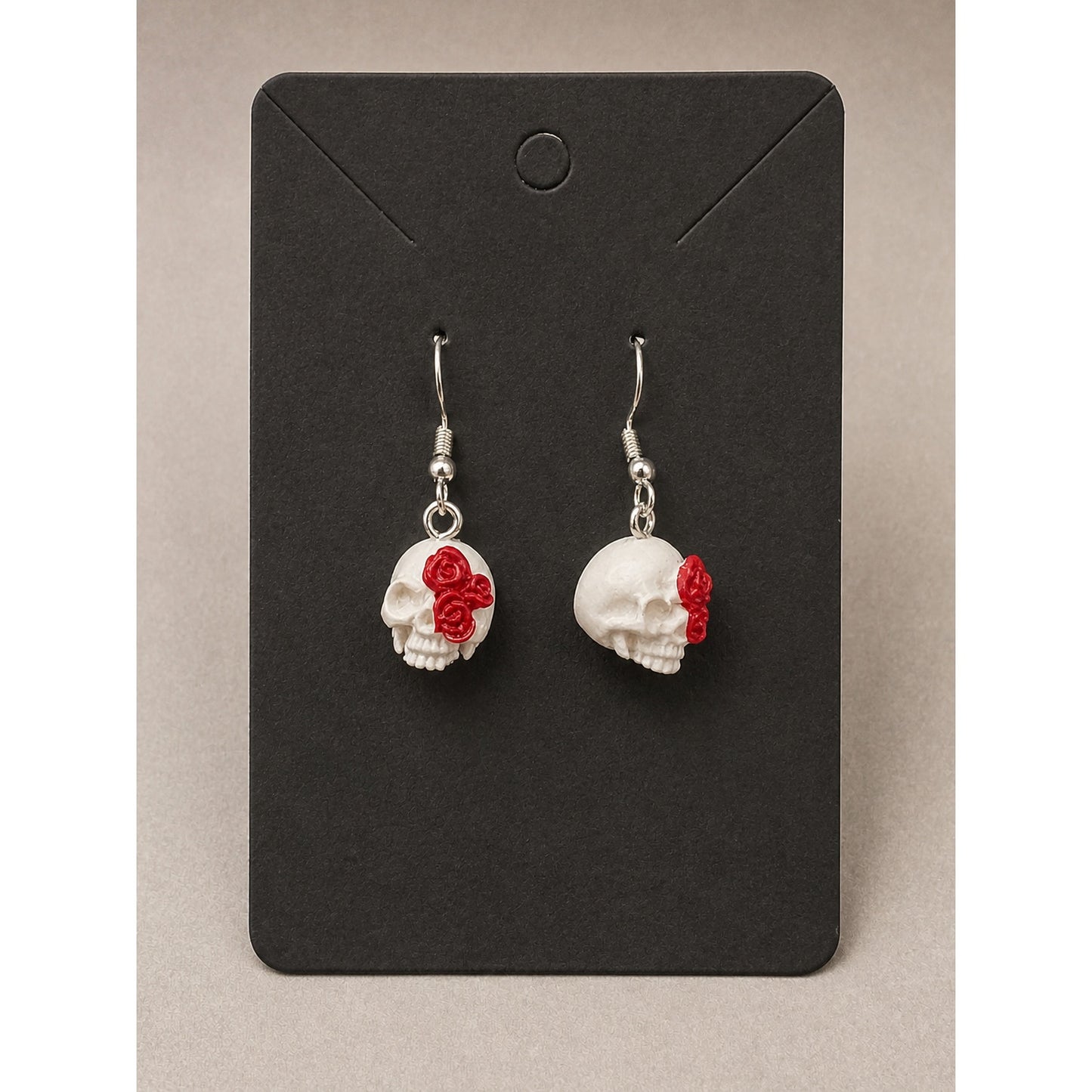 Handmade Skull & Red Rose Dangle Earrings