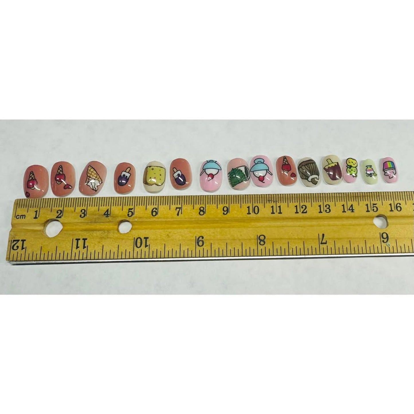 HAND CRAFTED NAIL SET OF 15 GLUE OR PRESS ON SIZE SMALL FOOD THEME