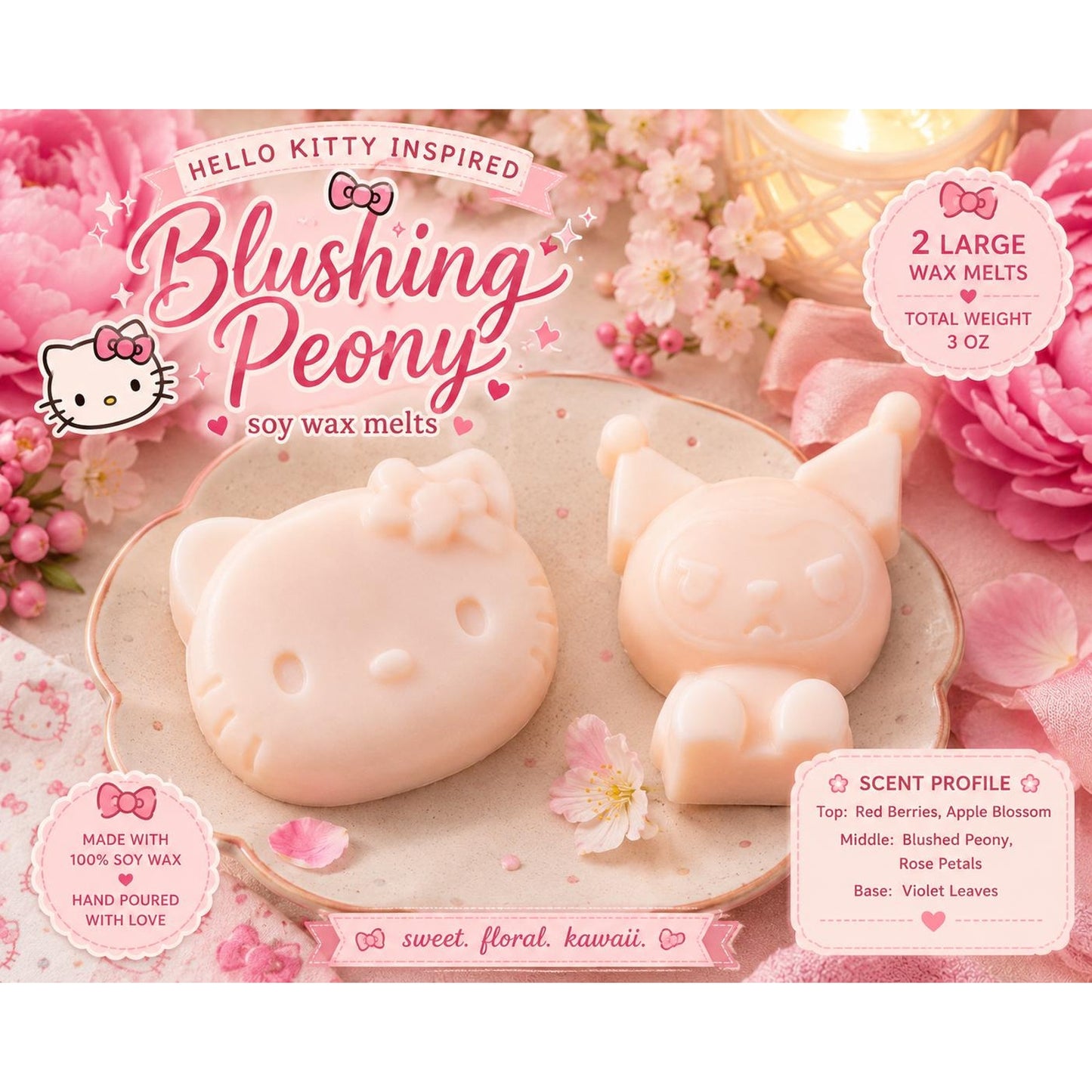 Hello Kitty & Kuromi Wax Melts | Blushing Peony Scent | Large 3D Character Wax Melts | Sanrio Inspired Home Fragrance | 3 oz Total