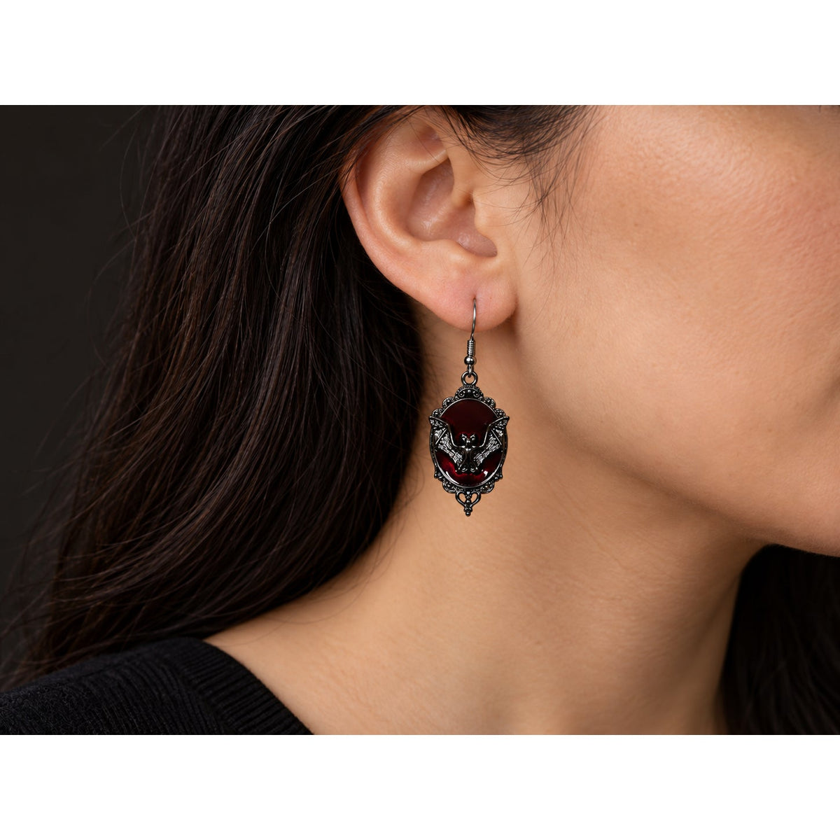 Gothic Bat Dangle Earrings | Wine Red Oval Earrings with Ornate Dark Metal Frames | Handmade Gothic Jewelry