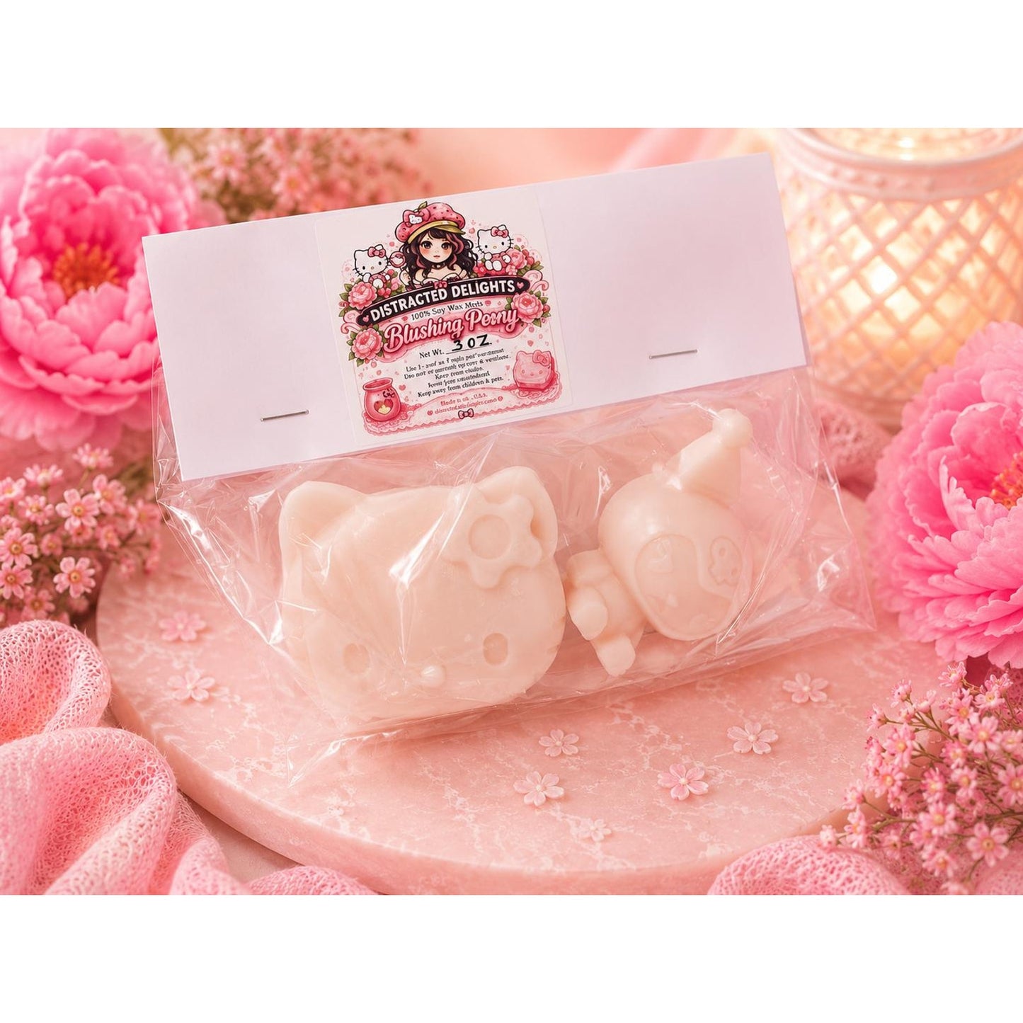Hello Kitty & Kuromi Wax Melts | Blushing Peony Scent | Large 3D Character Wax Melts | Sanrio Inspired Home Fragrance | 3 oz Total