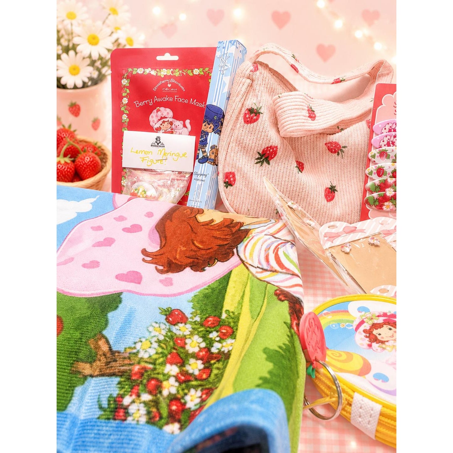 One-of-a-Kind 9-Piece Strawberry Shortcake Gift Bundle | Kawaii Gift Set | Pillowcase, Purse, Perfume, Earrings & More