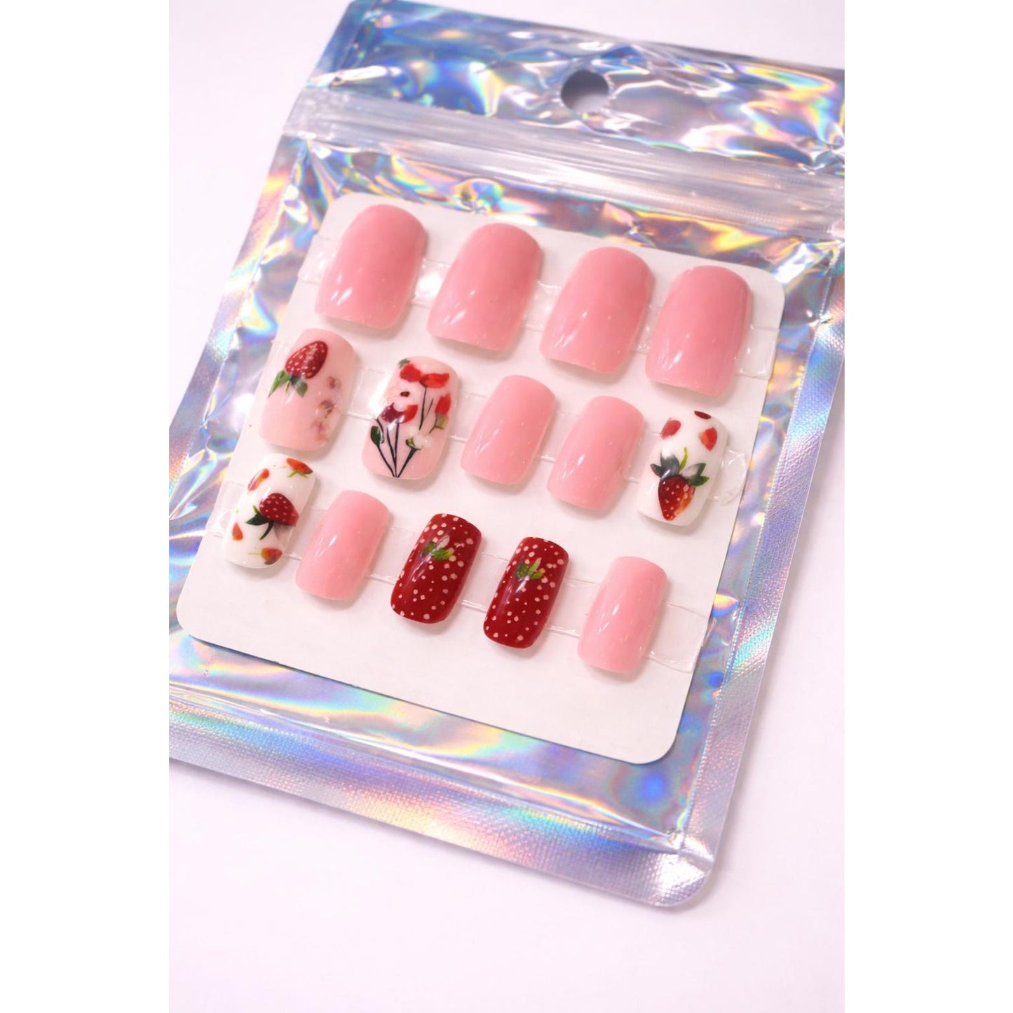 Size XL Strawberry Milkcore Press Glue On Nails 14 Pieces
