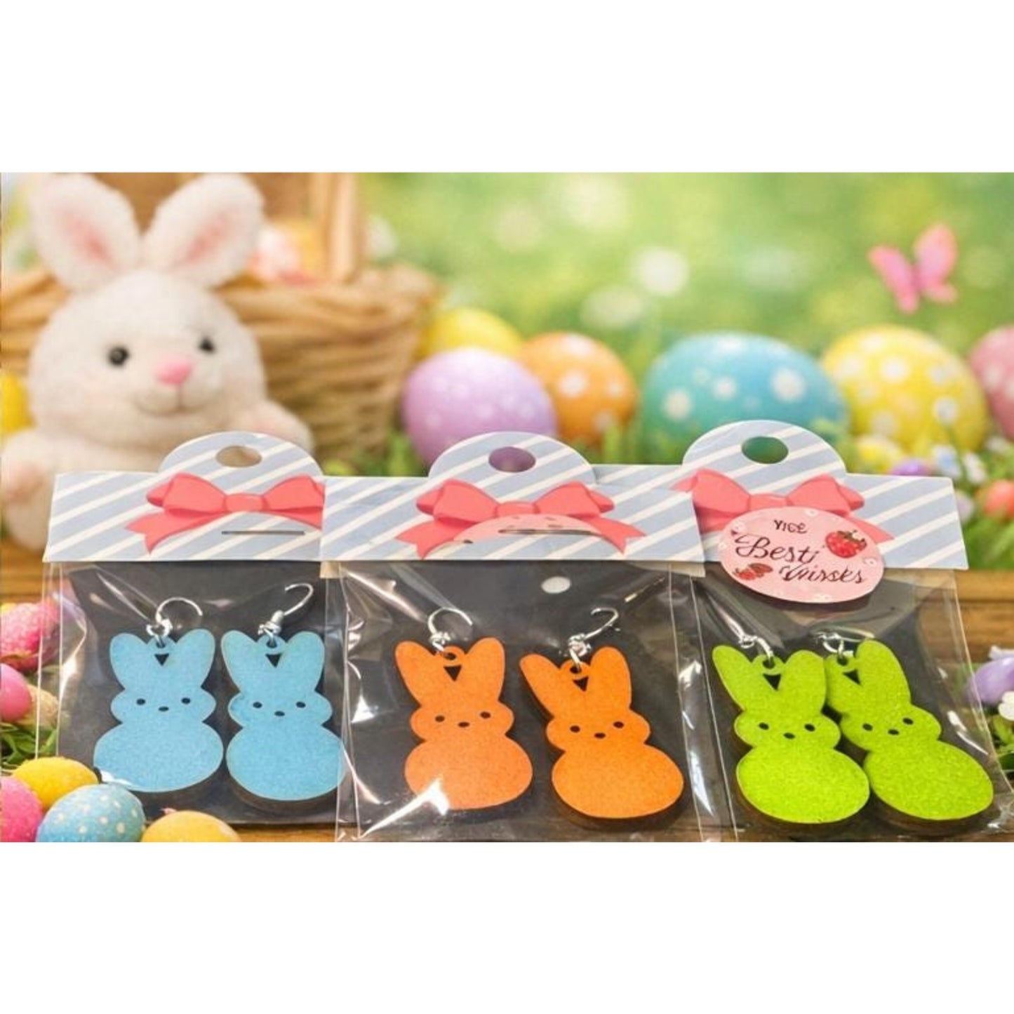 Easter Peeps Bunny Earrings Set – Pastel Wooden Dangle Jewelry