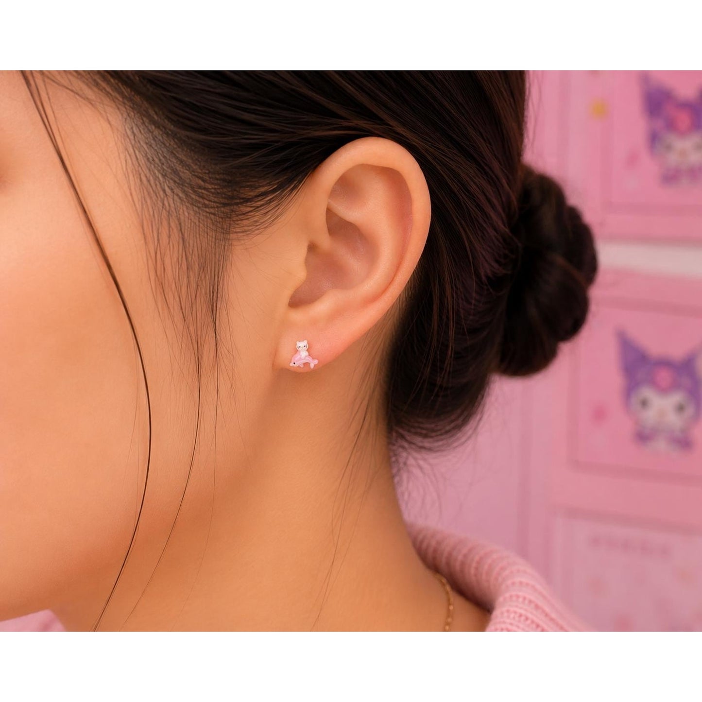 Hello Kitty Pink Dolphin & Palm Tree Stud Earrings Set, Cute Summer Resin Earrings, Beach Kitty Earrings, Tropical Jewelry Gift