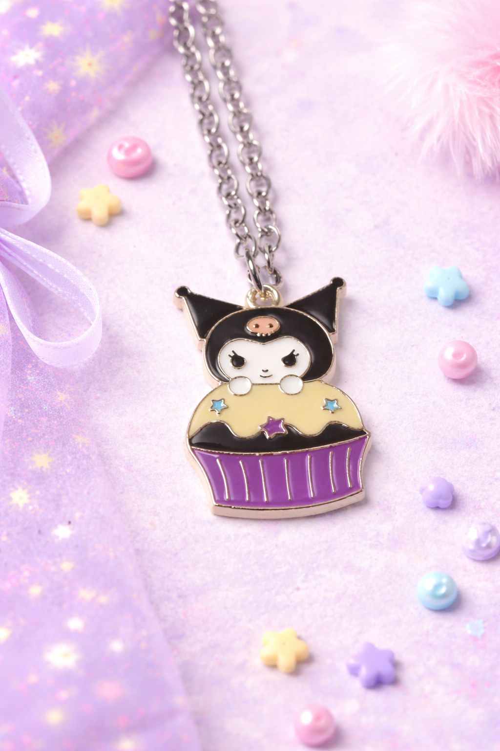 Kuromi Necklace Set of 3, Sanrio Inspired Jewelry Bundle, 24” Silver Chain Charms, Handmade Kawaii Goth Gift Set