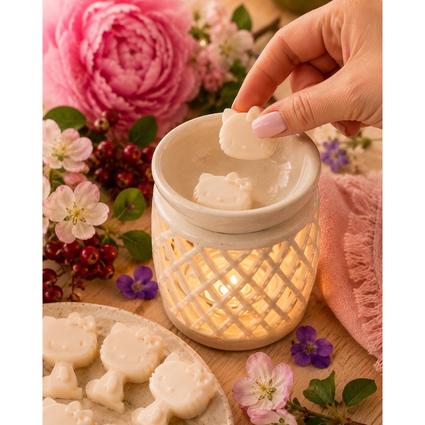 Hello Kitty Inspired Wax Melts | Sanrio Inspired Blushing Peony Wax Tarts | Kawaii Soy Wax Melts | 15 Piece Gift Bag | Cute Home Fragrance