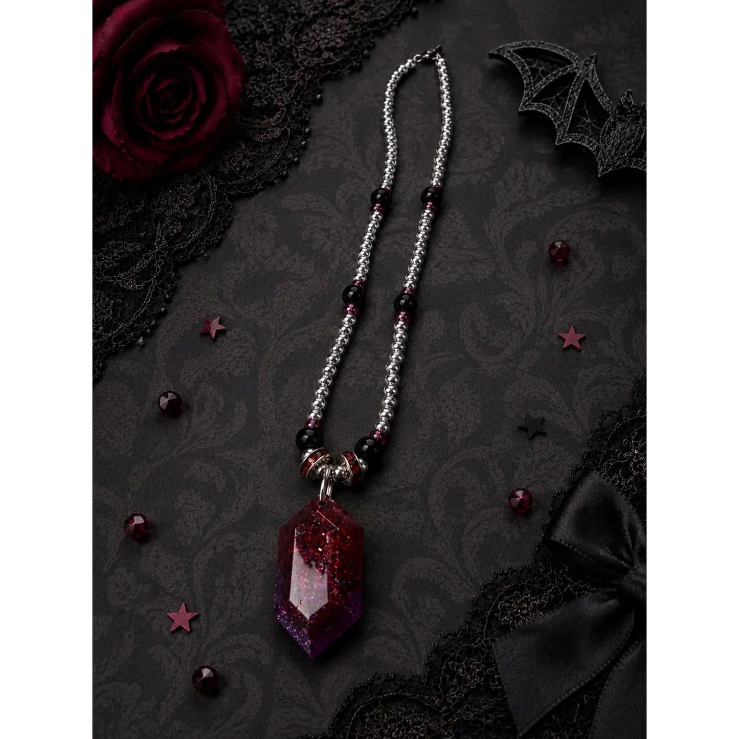 Burgundy Gothic Jewelry Set Red & Purple Resin Crystal Pendant Necklace Earrings