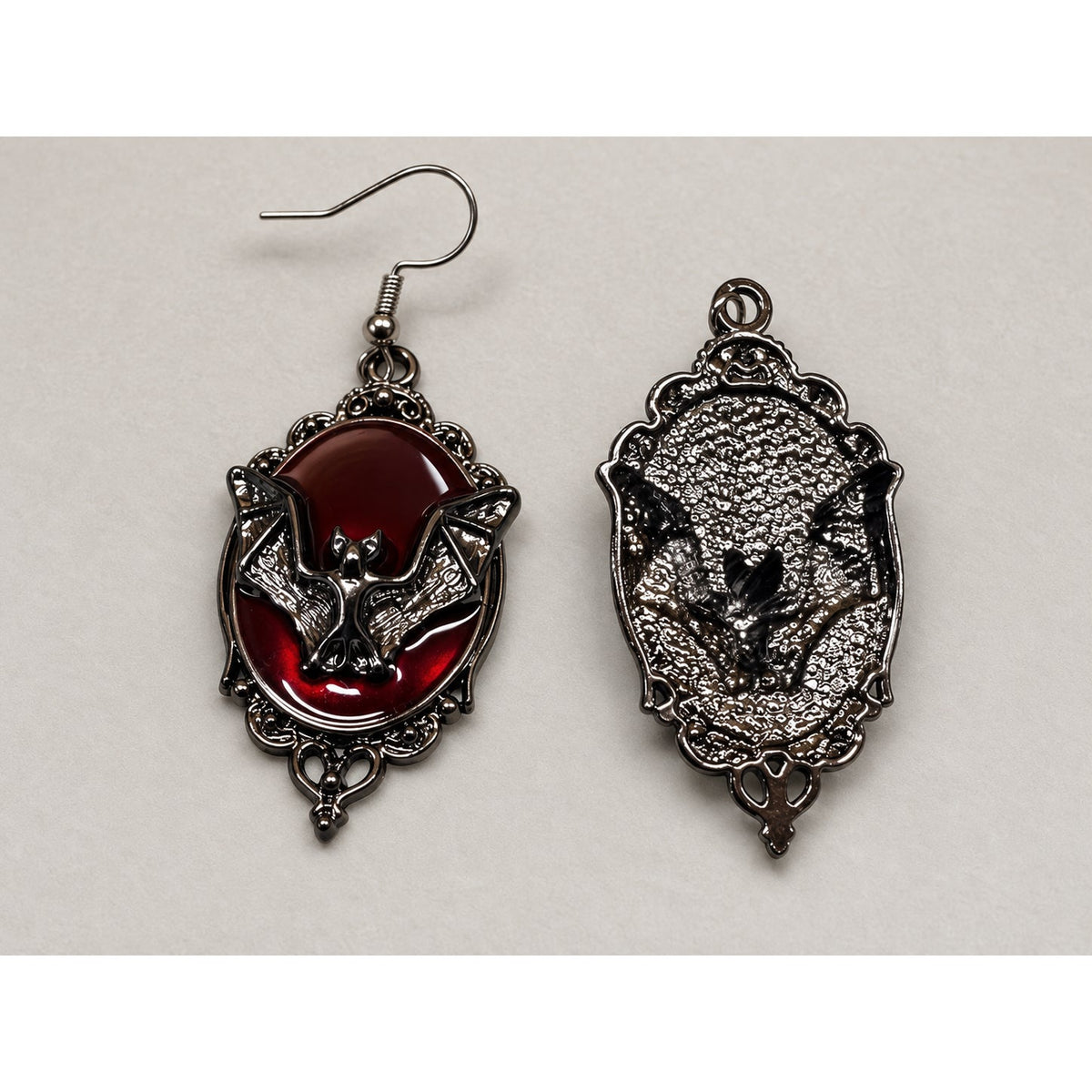 Gothic Bat Dangle Earrings | Wine Red Oval Earrings with Ornate Dark Metal Frames | Handmade Gothic Jewelry