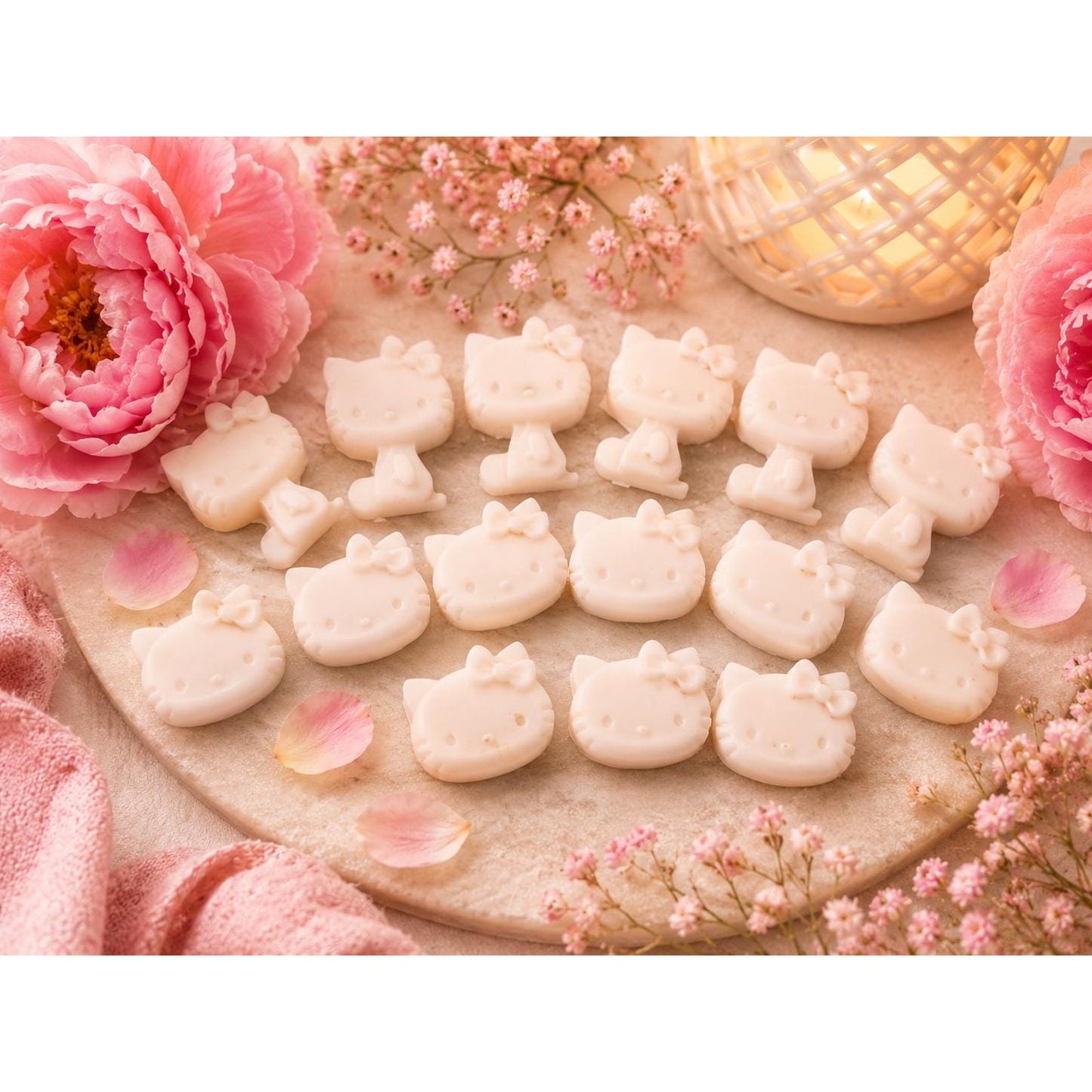 Hello Kitty Inspired Wax Melts | Sanrio Inspired Blushing Peony Wax Tarts | Kawaii Soy Wax Melts | 15 Piece Gift Bag | Cute Home Fragrance