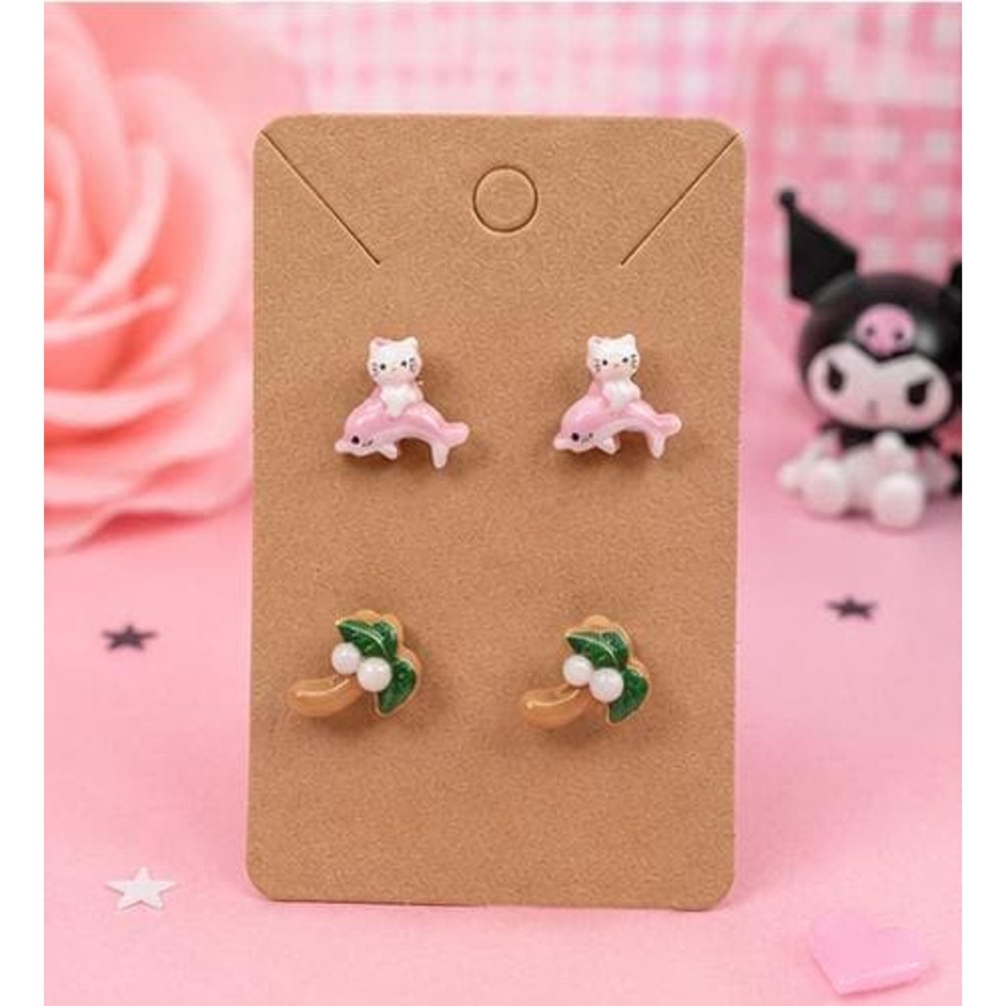 Hello Kitty Pink Dolphin & Palm Tree Stud Earrings Set, Cute Summer Resin Earrings, Beach Kitty Earrings, Tropical Jewelry Gift