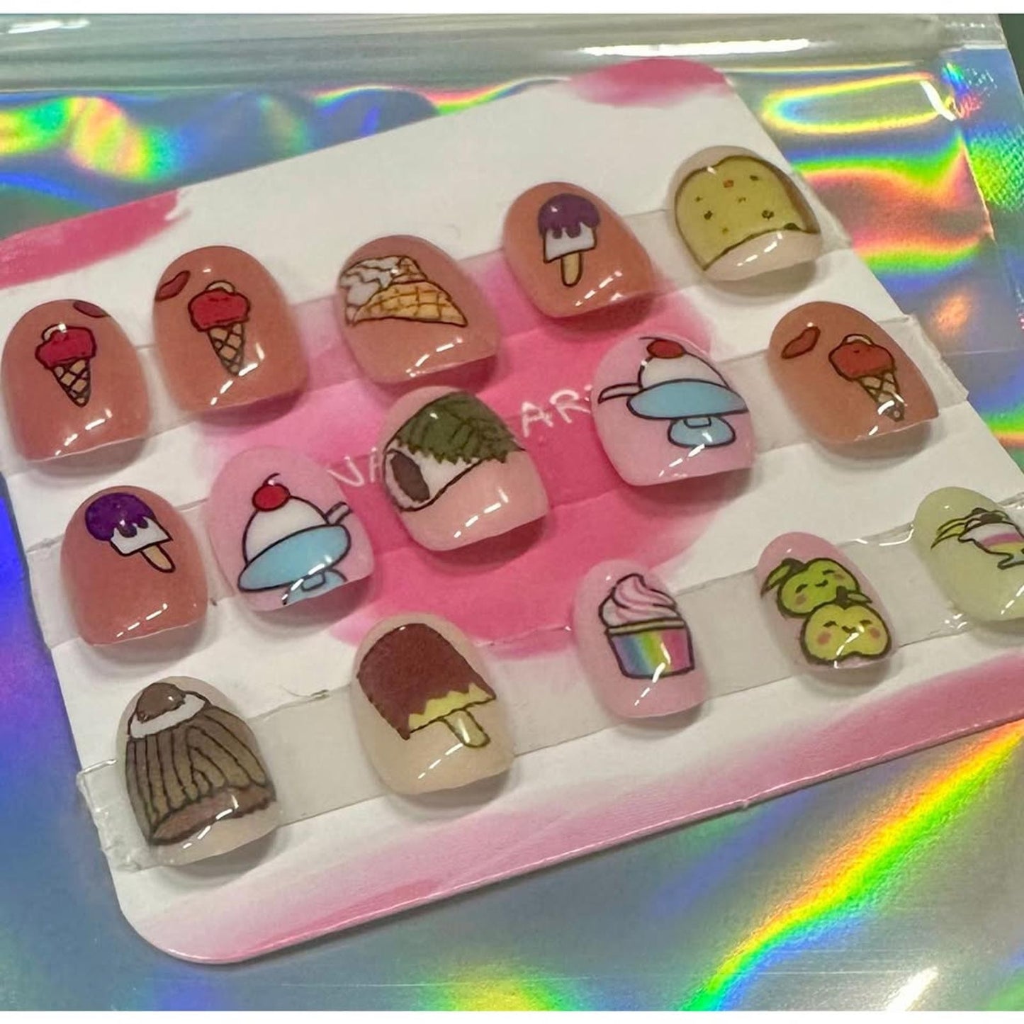 HAND CRAFTED NAIL SET OF 15 GLUE OR PRESS ON SIZE SMALL FOOD THEME