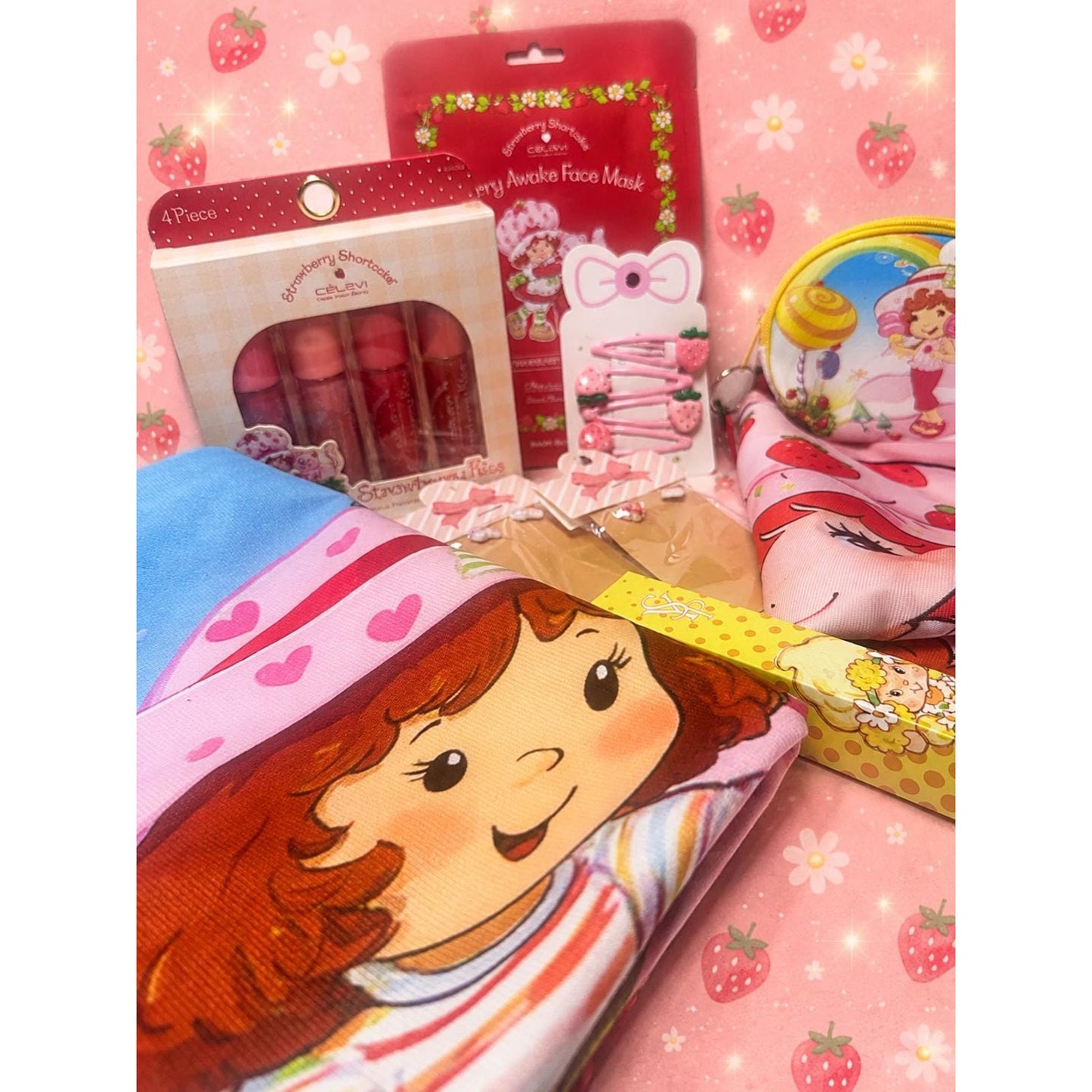 XL Strawberry Shortcake Gift Bundle 15 Piece Kawaii Gift Set Tote Bag, Pillow Cover, Lip Gloss, Perfume, Earrings, Hair Clips One of a Kind