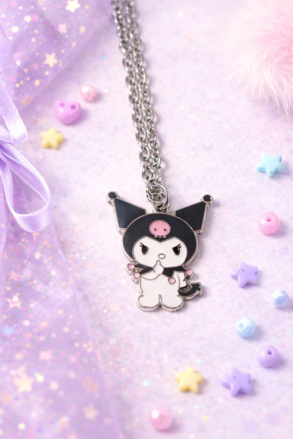 Kuromi Necklace Set of 3, Sanrio Inspired Jewelry Bundle, 24” Silver Chain Charms, Handmade Kawaii Goth Gift Set
