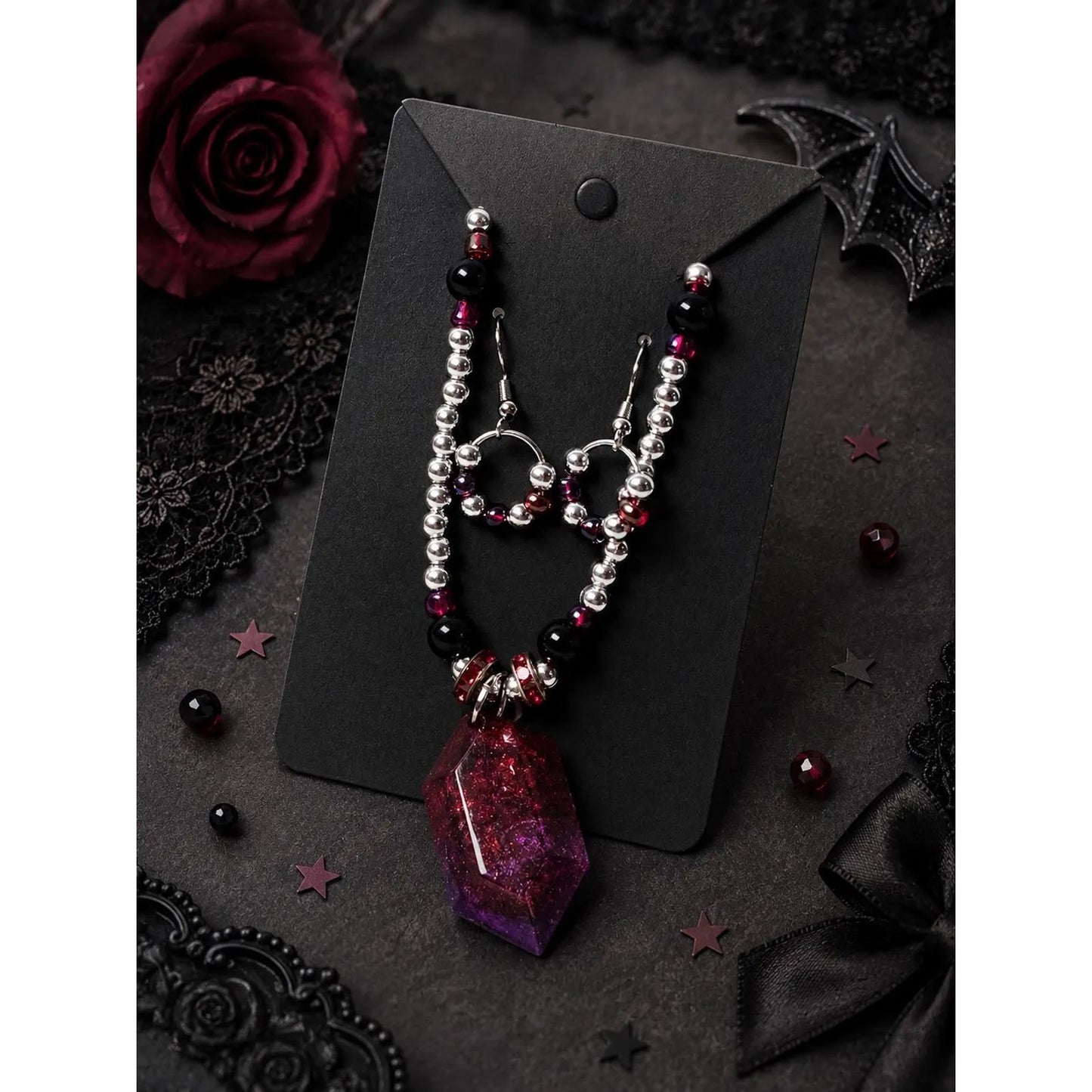 Burgundy Gothic Jewelry Set Red & Purple Resin Crystal Pendant Necklace Earrings