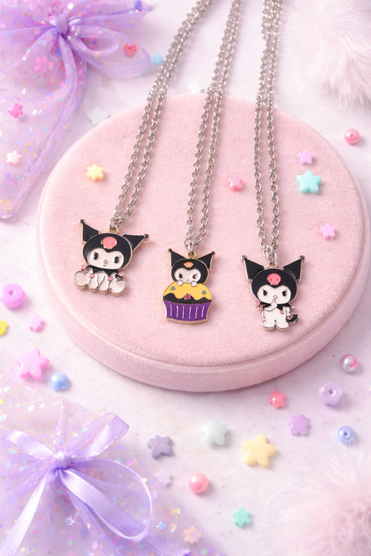 Kuromi Necklace Set of 3, Sanrio Inspired Jewelry Bundle, 24” Silver Chain Charms, Handmade Kawaii Goth Gift Set