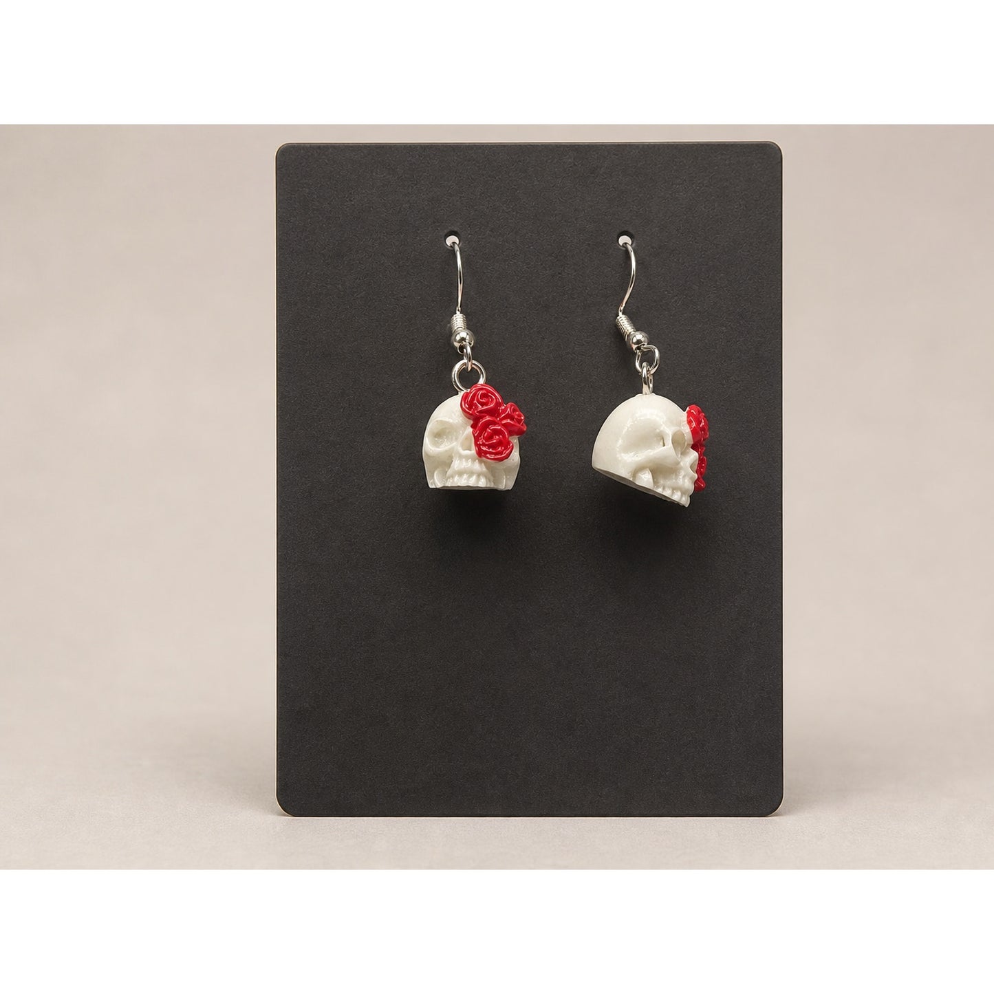 Handmade Skull & Red Rose Dangle Earrings