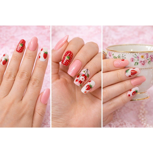 Size XL Strawberry Milkcore Press Glue On Nails 14 Pieces