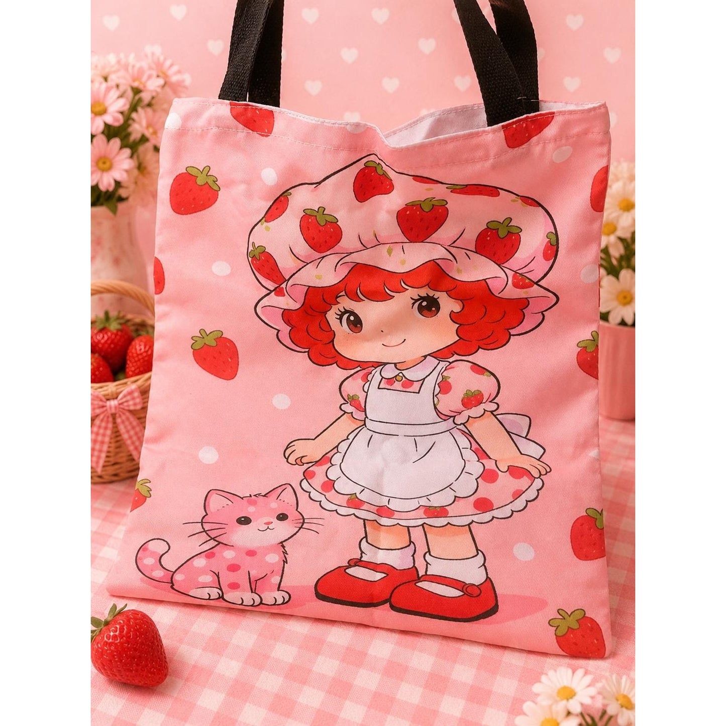 XL Strawberry Shortcake Gift Bundle 15 Piece Kawaii Gift Set Tote Bag, Pillow Cover, Lip Gloss, Perfume, Earrings, Hair Clips One of a Kind