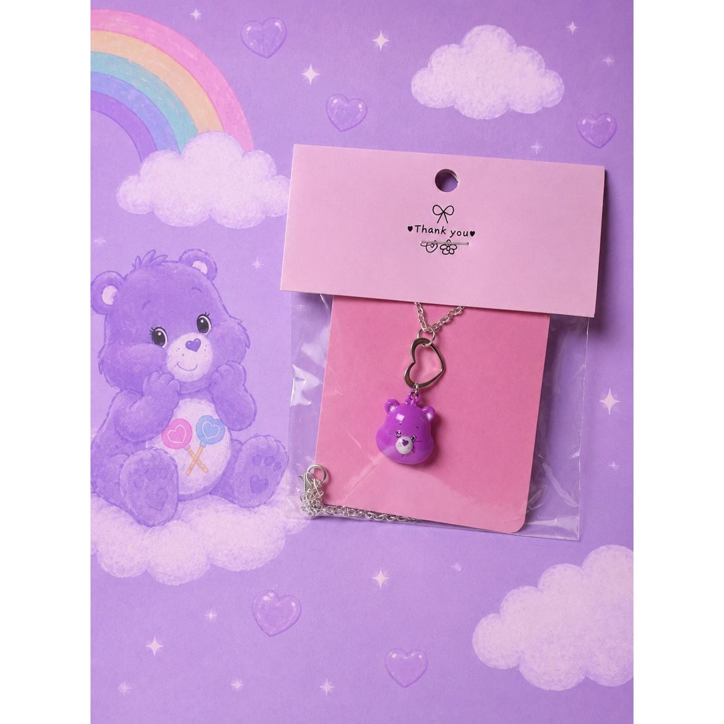 Purple Cheer Bear Inspired Necklace | Handmade Kawaii Bear Pendant | Silver Tone 18” Necklace | Heart Pendant | Cute Resin Jewelry