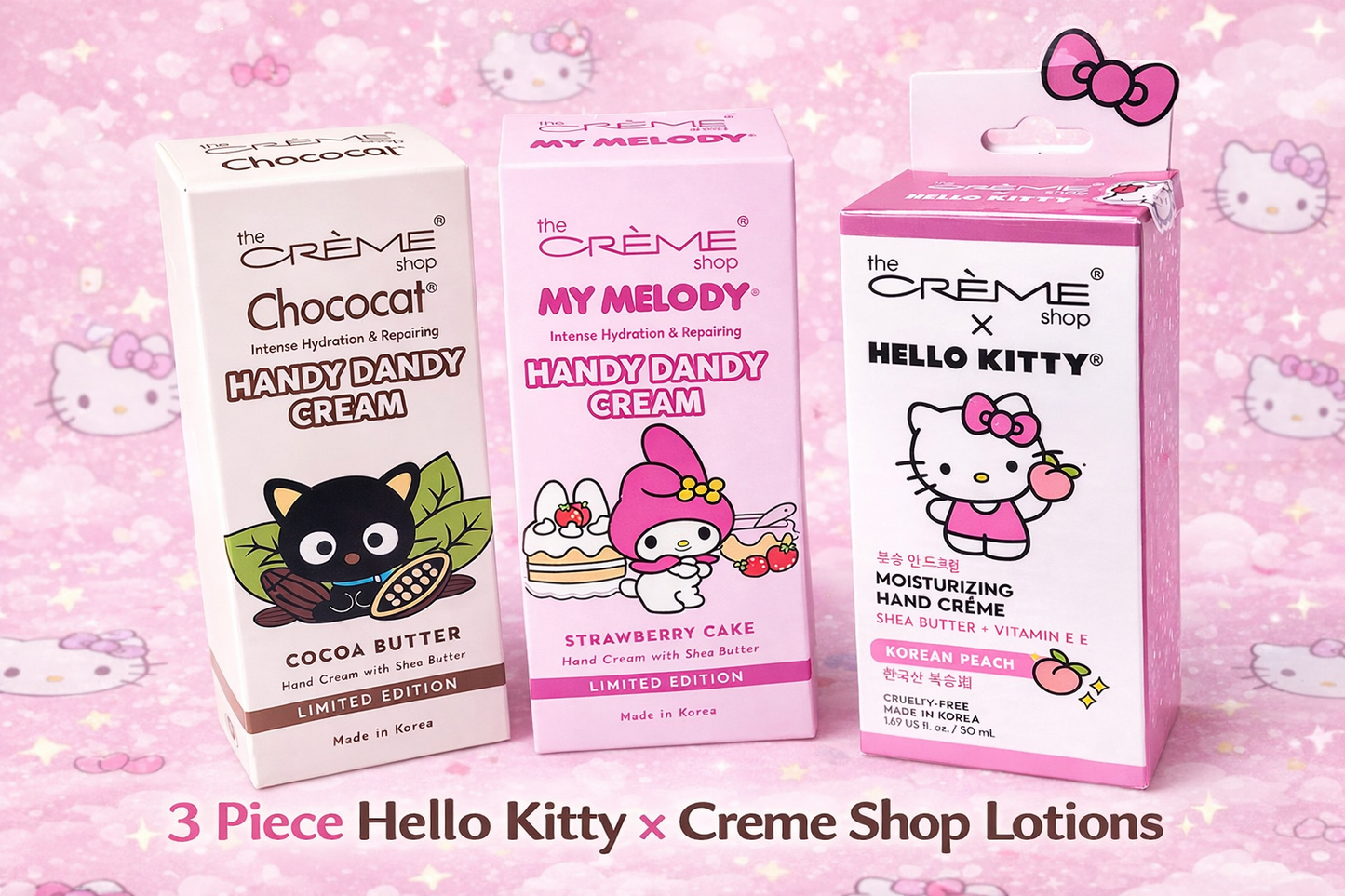 Hello Kitty x The Crème Shop Hand Cream Bundle – 3 Piece Kawaii Lotion Set (My Melody, Chococat, Peach)