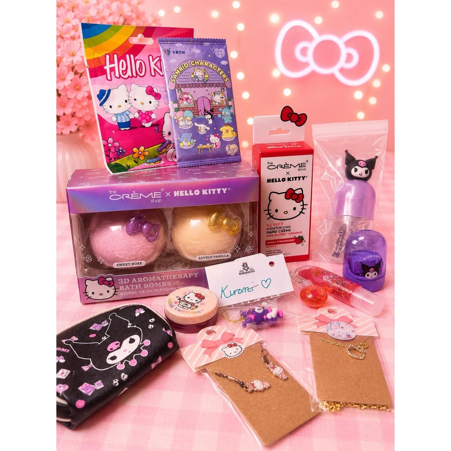 XL 16 Pc Hello Kitty Sanrio Gift Bundle | Kuromi, Pompompurin & The Crème Shop | Kawaii Gift Box | Bath Beauty, Jewelry Accessories