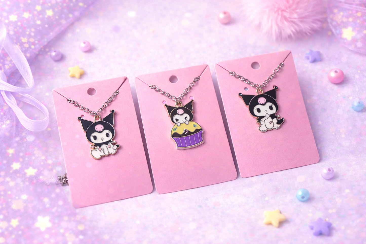Kuromi Necklace Set of 3, Sanrio Inspired Jewelry Bundle, 24” Silver Chain Charms, Handmade Kawaii Goth Gift Set