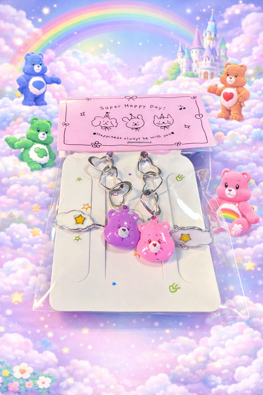 Care Bear–Inspired Dangle Earrings with Cloud Ear Cuffs – Pink & Purple Statement Earrings