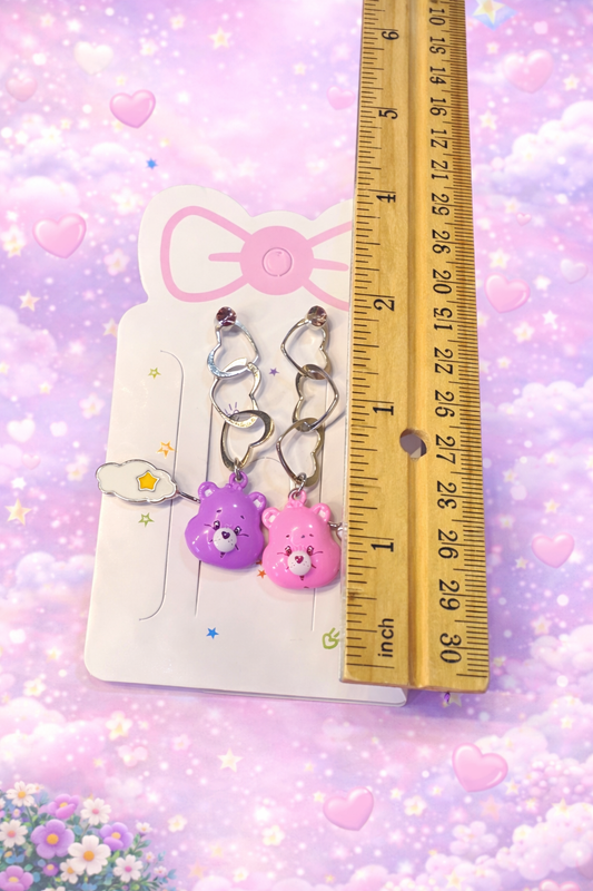 Care Bear–Inspired Dangle Earrings with Cloud Ear Cuffs – Pink & Purple Statement Earrings