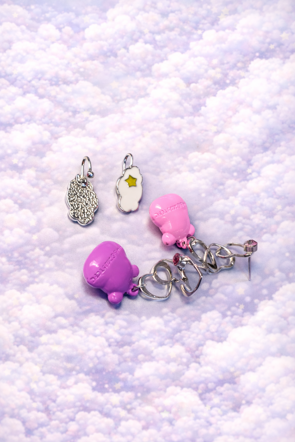 Care Bear–Inspired Dangle Earrings with Cloud Ear Cuffs – Pink & Purple Statement Earrings