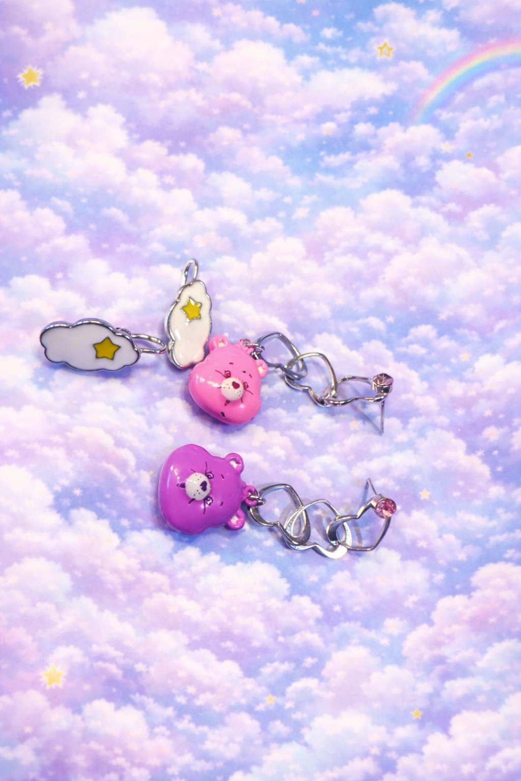 Care Bear–Inspired Dangle Earrings with Cloud Ear Cuffs – Pink & Purple Statement Earrings