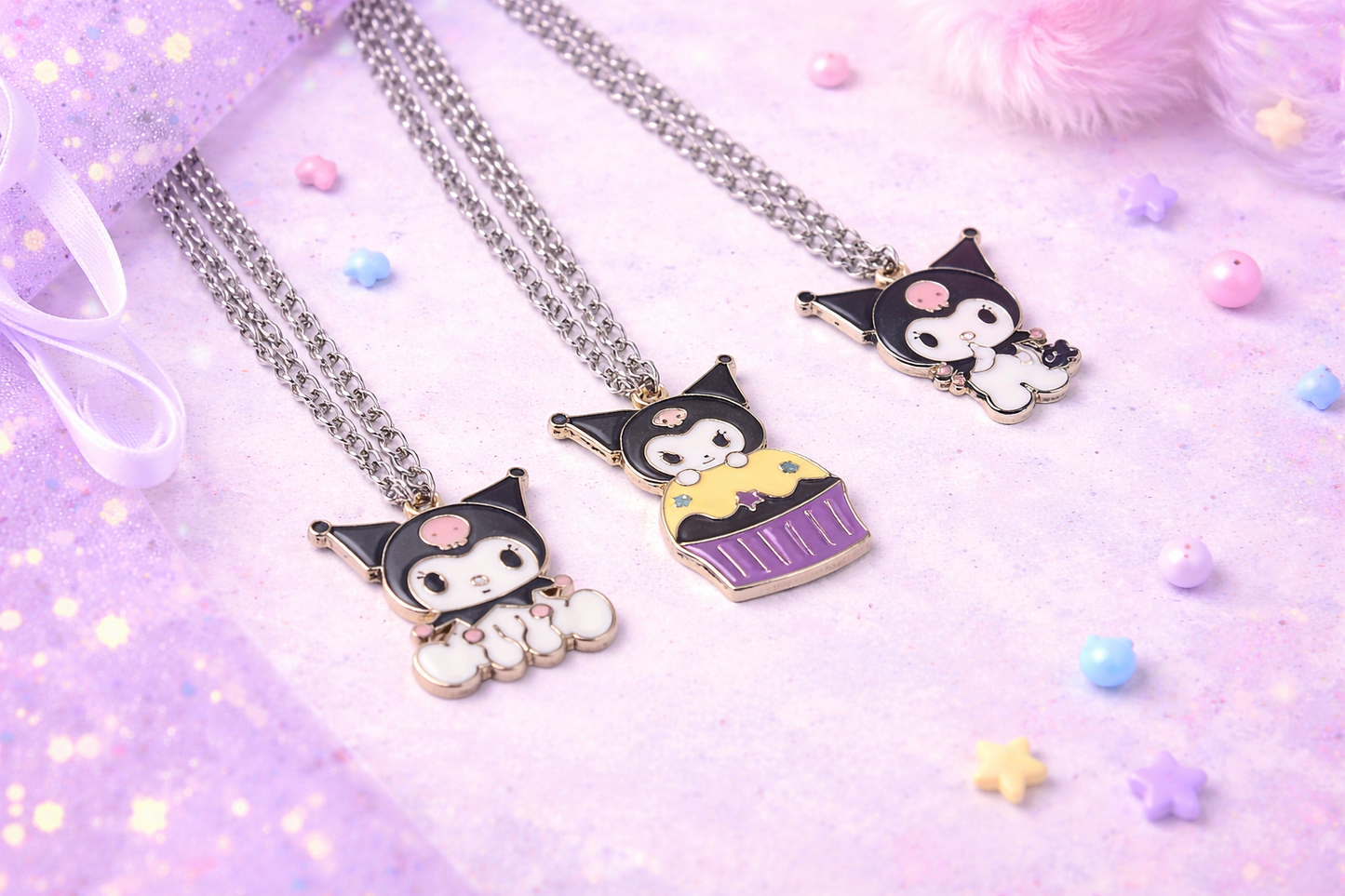 Kuromi Necklace Set of 3, Sanrio Inspired Jewelry Bundle, 24” Silver Chain Charms, Handmade Kawaii Goth Gift Set