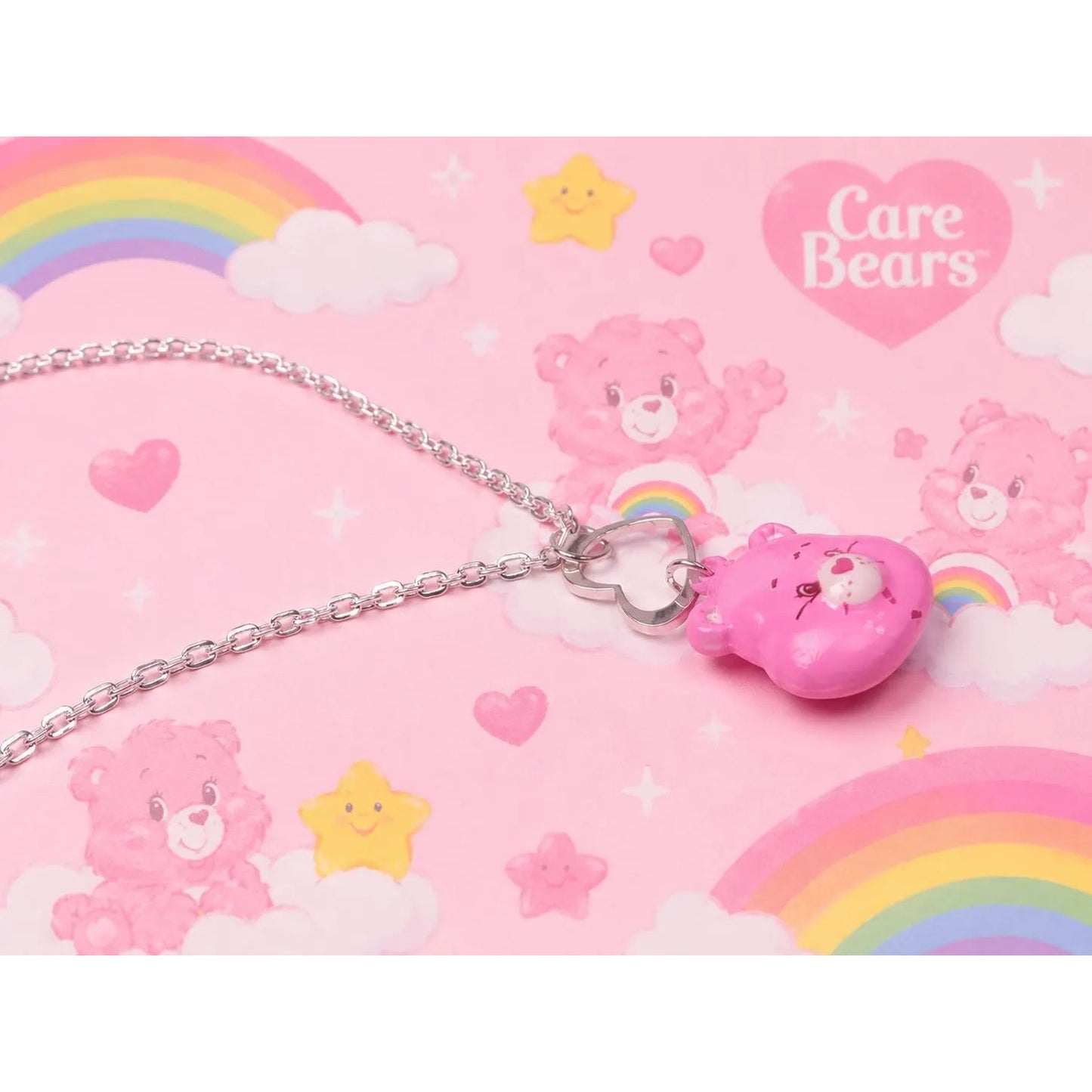 Cheer Bear Care Bear Pink Teddy Bear Necklace With Heart Design