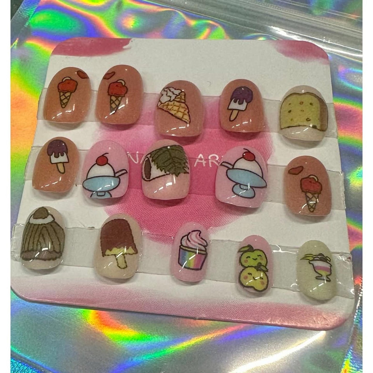 HAND CRAFTED NAIL SET OF 15 GLUE OR PRESS ON SIZE SMALL FOOD THEME