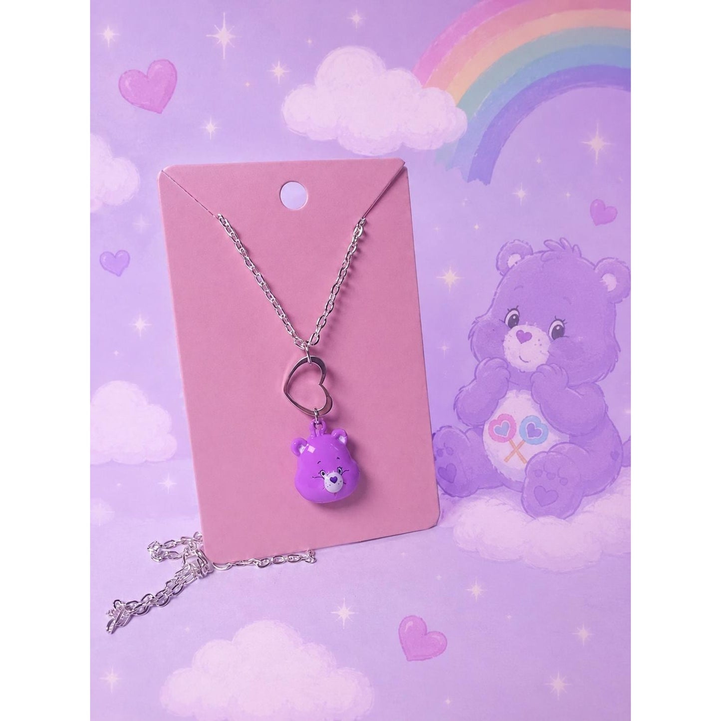 Purple Cheer Bear Inspired Necklace | Handmade Kawaii Bear Pendant | Silver Tone 18” Necklace | Heart Pendant | Cute Resin Jewelry