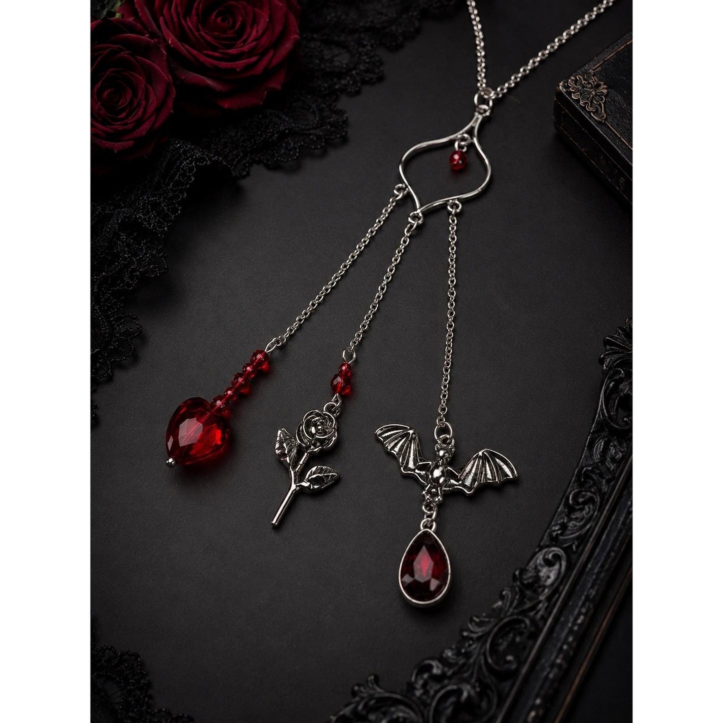 Handmade Gothic Triple Dangle Necklace | Silver Tone Heart Pendant with Bat, Rose & Red Crystal Charms | Dark Romantic Jewelry Gift