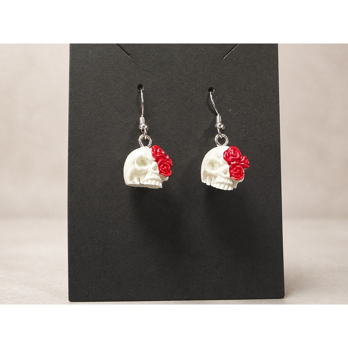 Handmade Skull & Red Rose Dangle Earrings