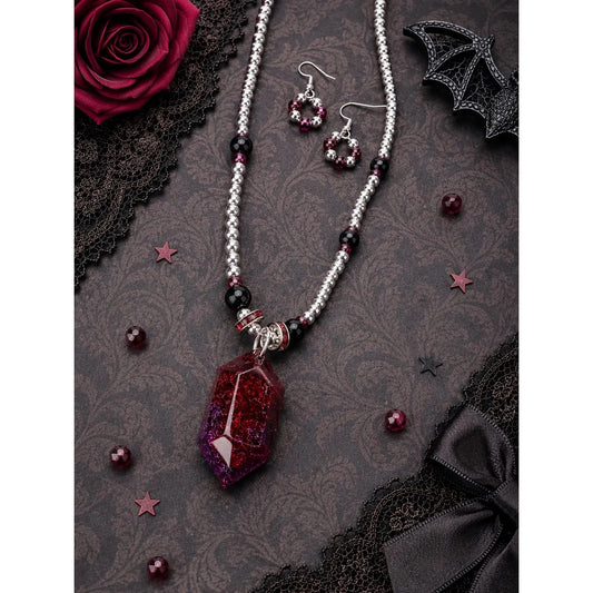 Burgundy Gothic Jewelry Set Red & Purple Resin Crystal Pendant Necklace Earrings